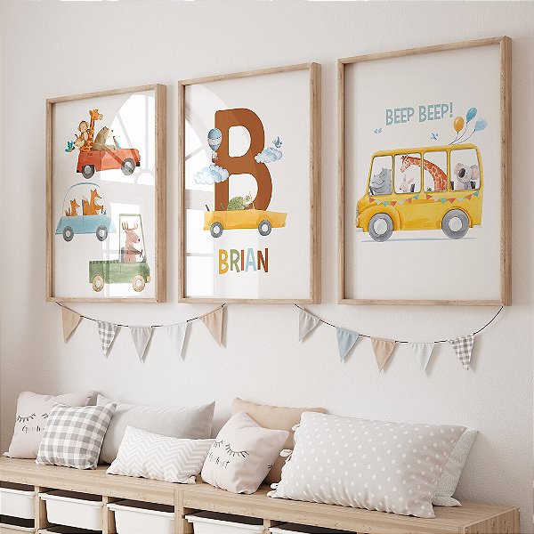 Kit 3 Quadros Carros Carrinhos Personalizado com Nome
