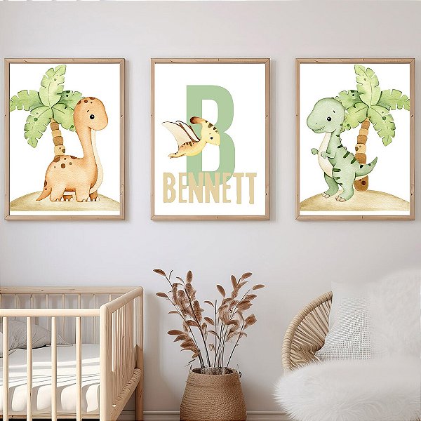 Kit 3 Quadros Dinossauros Personalizado com Nome