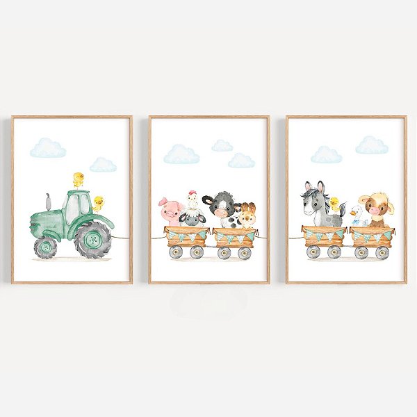Kit 3 Quadros Fazendinha Animais Trator Quarto