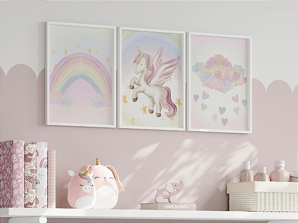 Kit 3 Quadros Arco-íris Unicórnio Nuvem Quarto Menina