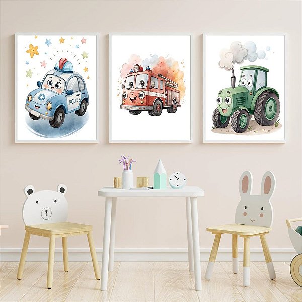 Kit 3 Quadros Carro Polícia Bombeiros Trator Quarto Menino
