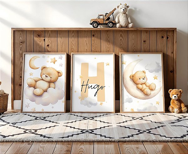 Kit 3 Quadros Ursinho Neutro Dormindo Personalizado com Nome