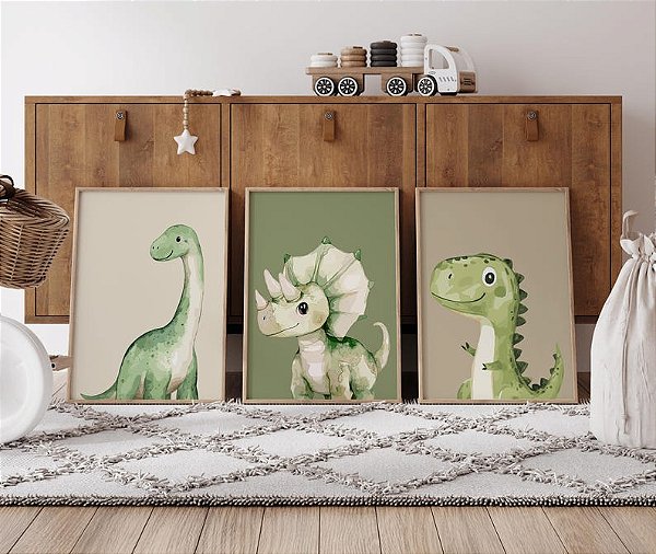 Kit 3 Quadros Dinossauros Quarto Menino