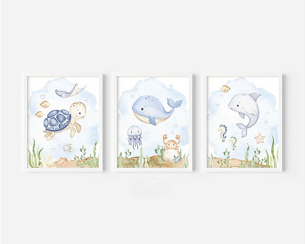 Kit 3 Quadros Fundo do Mar Peixes Quarto Bebê Menino