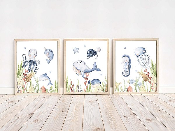 Kit 3 Quadros Fundo do Mar Tartaruga Baleia Polvo Peixe Quarto Menino