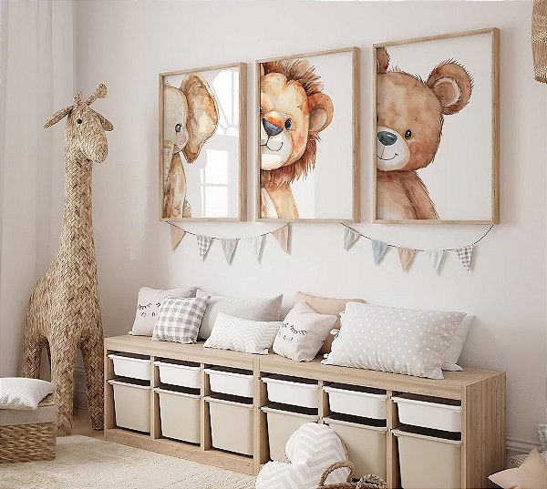Kit 3 Quadros Animais Espiando Canto Elefante Leão Urso Neutro Quarto Bebê Infantil