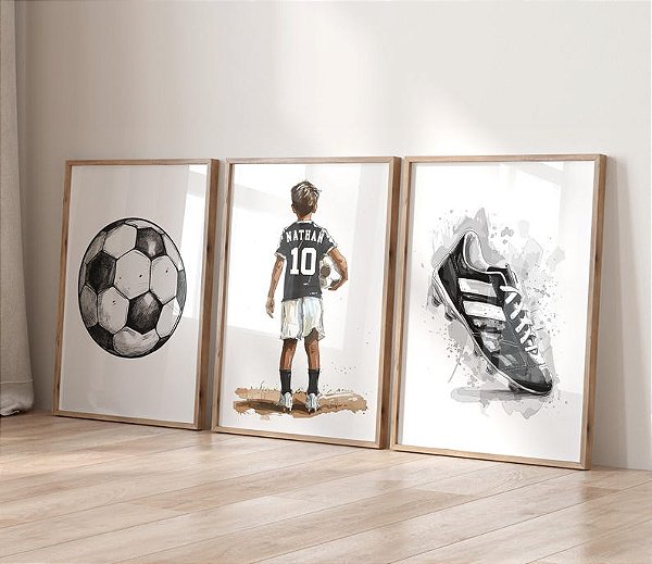 Kit 3 Quadros Futebol Jogador Bola Personalizado com Nome