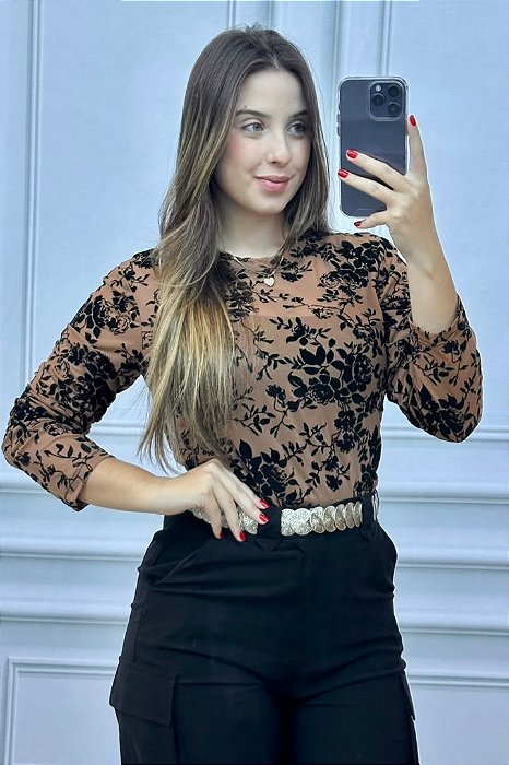 BLUSA TULE MANGA LONGA FLOCADO TIFANE