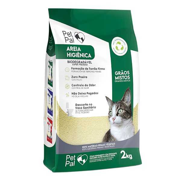 Areia Higiênica Biodegradável p/Gatos PetPal Grãos Mistos 2kg