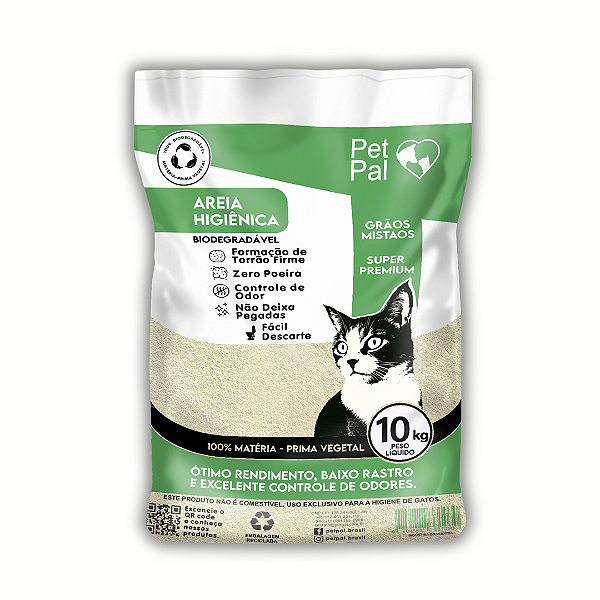 Saco com 10 Kg -  Areia Higiênica Biodegradável P/Gatos PetPal Grãos Misto