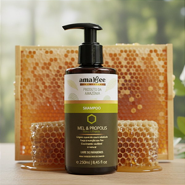 Shampoo amabee 250ml Fortalecedor com Mel de Abelha e Própolis - Hidrata e Equilibra (Amabee Strengthening Shampoo with Bee Honey & Propolis 250ml – Hydrates & Balances)