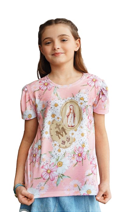 Camiseta Frufru Infantil Medalha Milagrosa Rosas