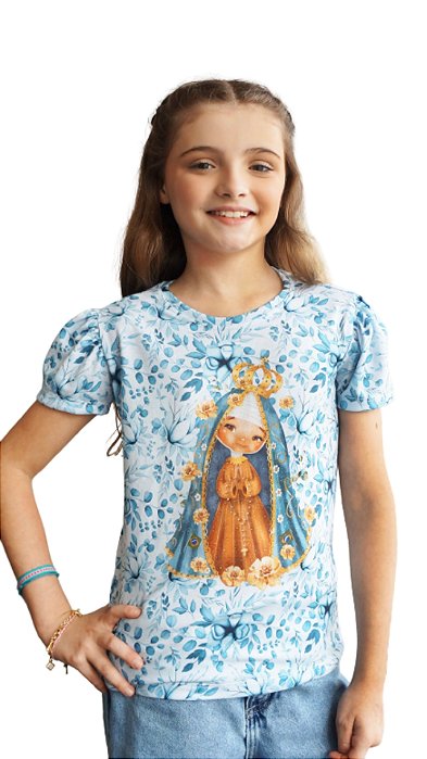 Camiseta Frufru Infantil Aparecida Flores Azuis