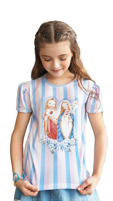 Camiseta Frufru Infantil Sagrado Coração de Jesus e Maria