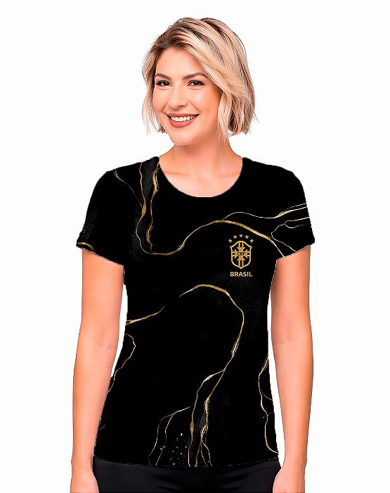 Camiseta Quadrada Feminina Dry Preto e Dourado