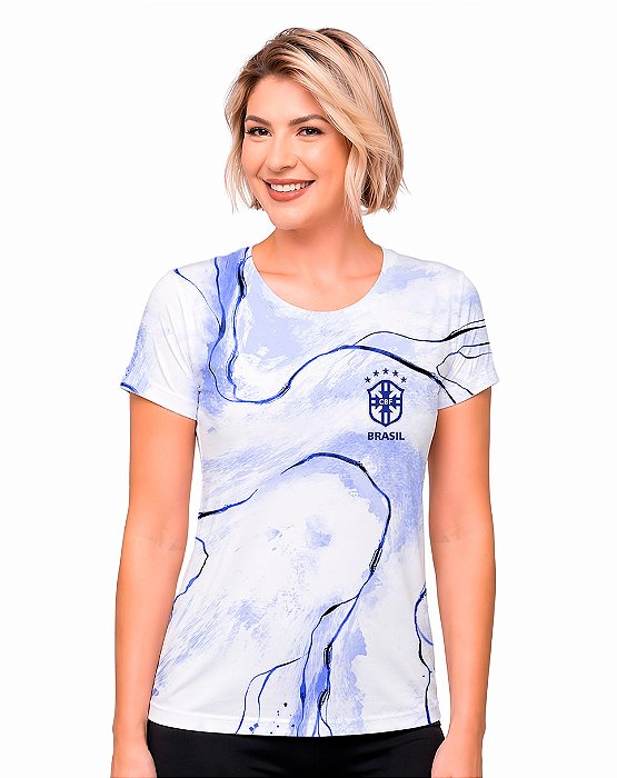 Camiseta Quadrada Feminina Dry Brasil Branco e Azul