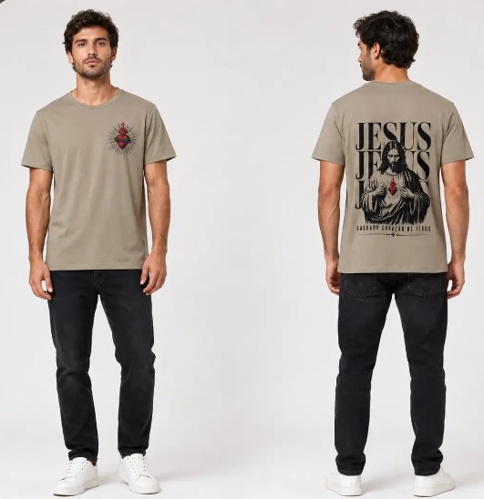 Camiseta algodão Sagrado Coração de Jesus Bege