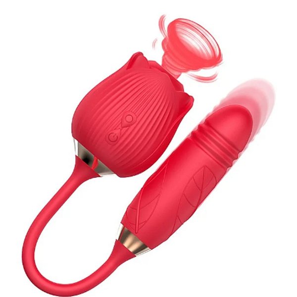 Vibrador Vai e Vem com Estimulador de Clitóris em Formato de Rosa - Greebaby - 7633 VB123