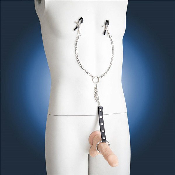 Prendedor Grampo Para Mamilos Masculino com Corrente e Anel Peniano em Metal - SA007
