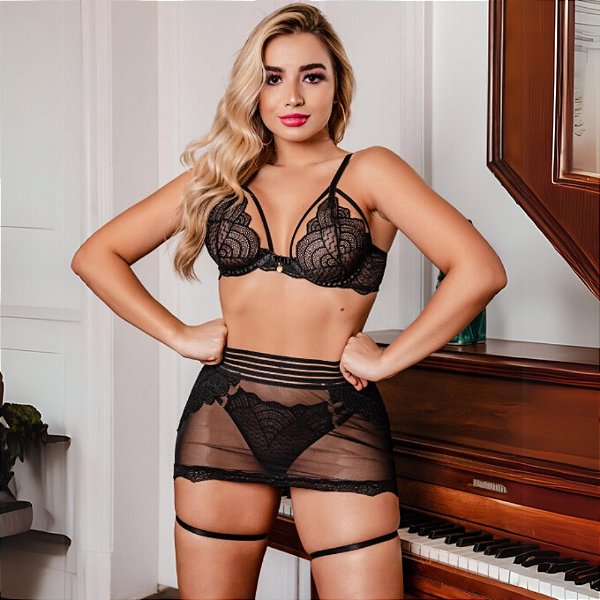 Conjunto Mistério do Amor em Renda com Saia - Preto - 399 - Universo feminino