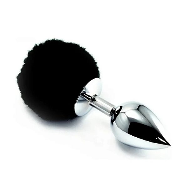 Plug Anal em Metal com Rabo de Coelho PomPom Cor Preto - GRANDE