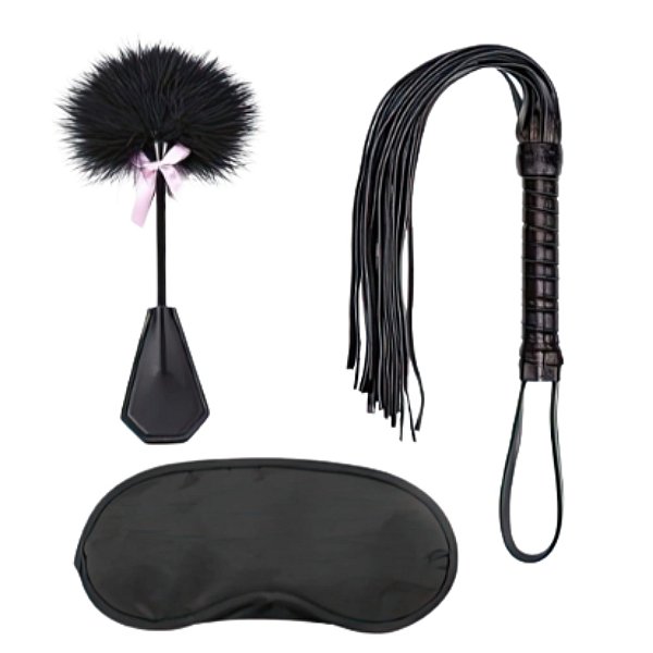 Kit de Bondage com 3 Produtos - Chicote, Pluma e Venda
