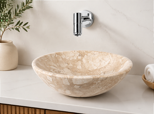 Cuba Pia Redonda 34cm Lavabo Mármore Travertino Bege Bahia - Luxo Natural