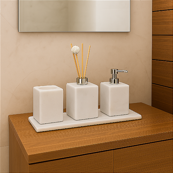 Kit Acessório para Banheiro em Mármore Bianco - Luxo Natural