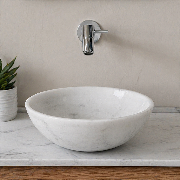 Cuba Pia Redonda 28cm em Mármore Bianco - Luxo Natural para Lavabo