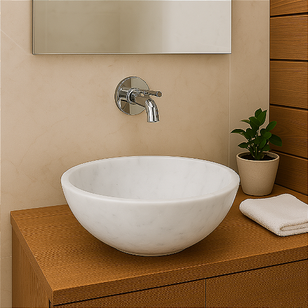 Cuba Pia Redonda 28cm em Mármore Bianco - Luxo Natural para Lavabo
