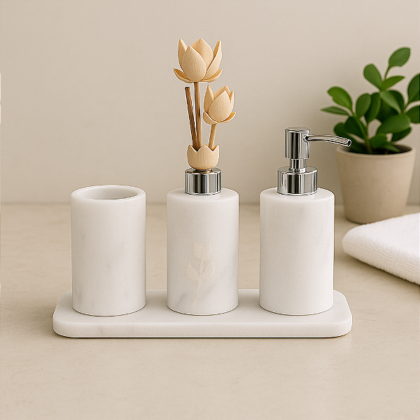 Kit Acessório para Banheiro em Mármore Bianco - Luxo Natural