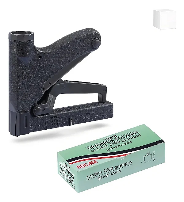 GRAMPEADOR ROCAMA 106 PREMIUM + CAIXA DE GRAMPOS 106/8 GALVANIZADO ROCAMA (c/ 2500 grampos)