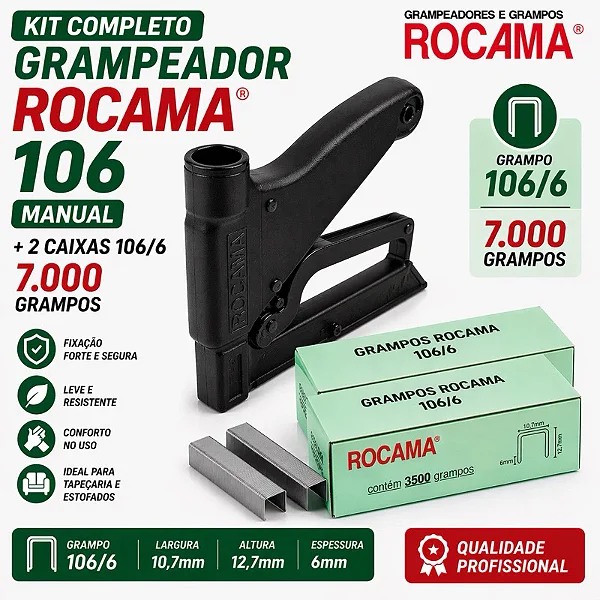 Kit Grampeador Rocama 106 Manual + 7.000 Grampos 106/6 Galvanizado Tapeceiro Estofaria Sofá