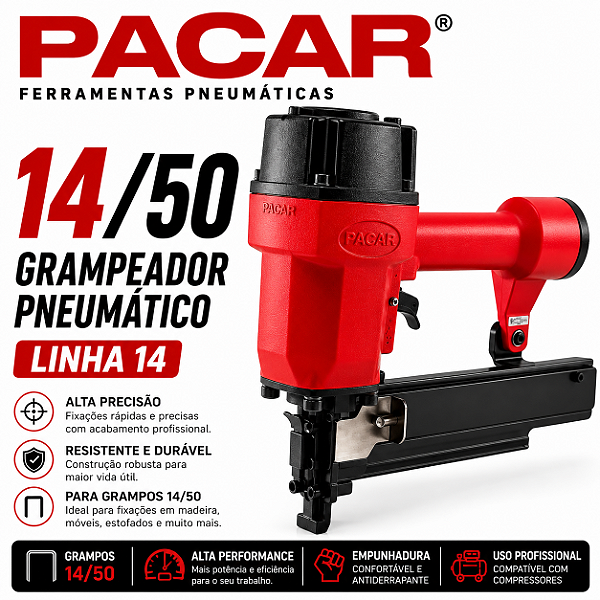 Grampeador Pneumático Pacar 14/50 Profissional Industrial Estofaria Madeira Alta Potência