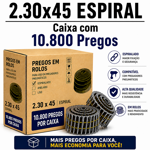 Prego em rolo 2.30x45 espiral - 10,8 mil