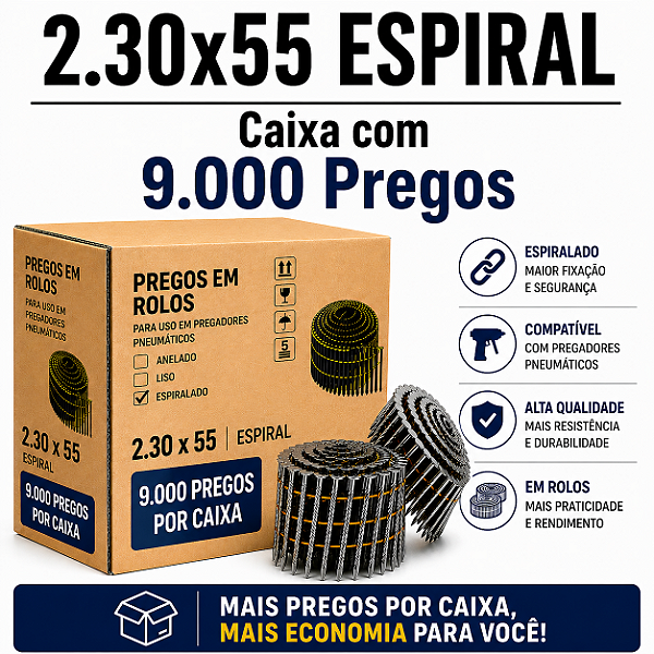 Prego em rolo 2.30x55 espiral - 9 mil
