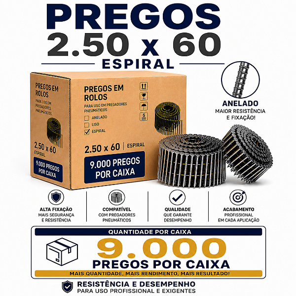 Prego em rolo 2.50x60 espiral - 9 mil