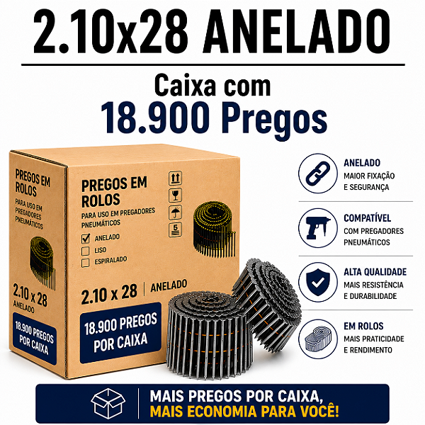 Prego em rolo 2,10x28 anelado - 18,9 mil