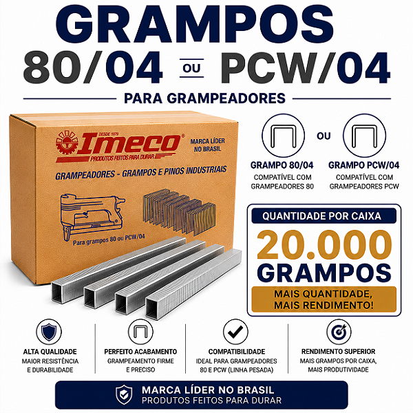 Grampo 80/04 ou PCW/04 - caixa c/ 20.000 grampos