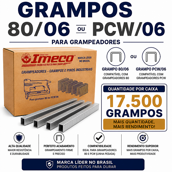 Grampo 80/06 ou PCW/06 - caixa c/ 17.500 grampos