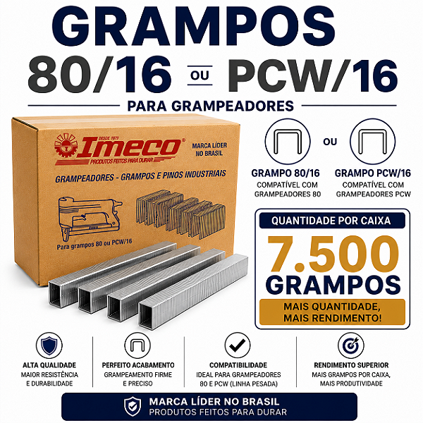 Grampo 80/16 ou PCW/16 - caixa c/ 7.500 grampos