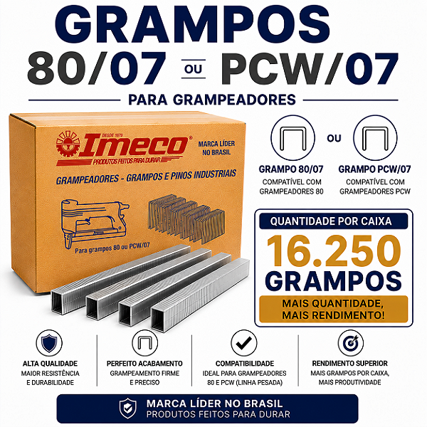 Grampo 80/07 ou PCW/07 - caixa c/ 16.250 grampos