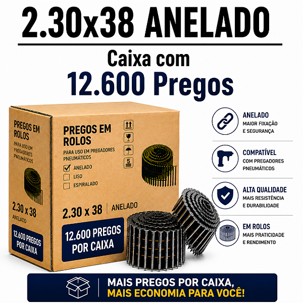 Prego em rolo 2.30x38 anelado - 12,6 mil