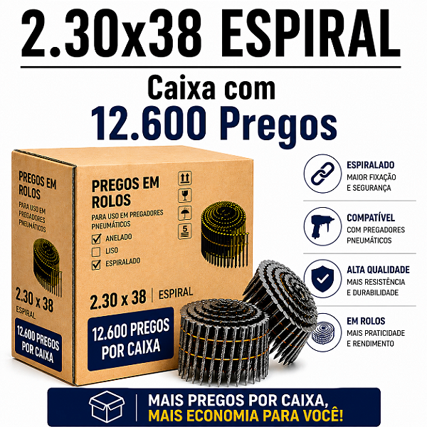 Prego em rolo 2.30x38 espiral - 12,6 mil