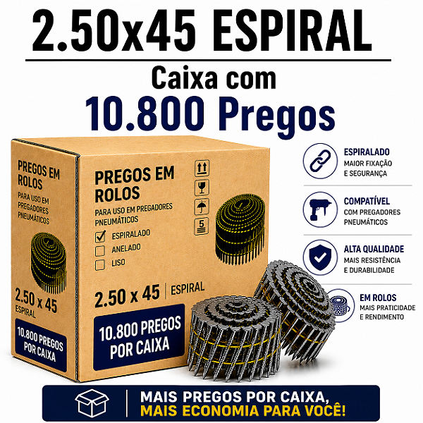 Prego em rolo 2.50x45 espiral - 10,8 mil