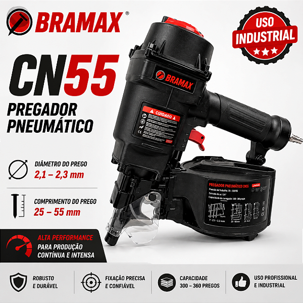 Pregador Pneumático CN55 BRAMAX Industrial Para Pregos em Rolo Alta Produção
