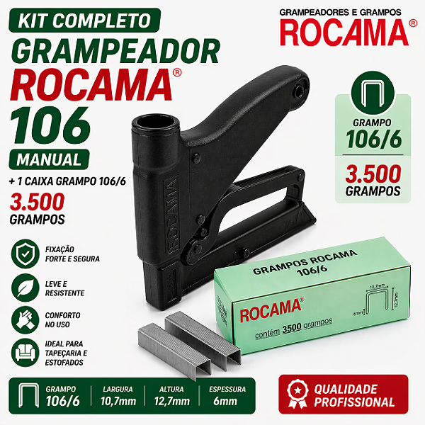 Grampeador Rocama 106 Manual + 3.500 Grampos 106/6 Galvanizado Kit Tapeceiro Estofaria Artesanato