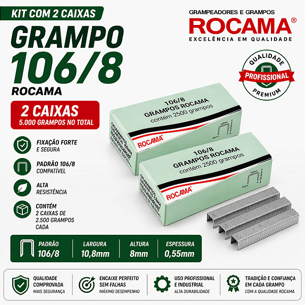 Kit 2 Caixas Grampos 106/8 Rocama 5.000 Grampos Galvanizado Para Estofaria Couro Madeira e Artesanato