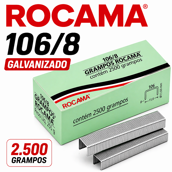 Grampos 106/8 Rocama 2.500 Grampos Galvanizado Para Estofaria Sofá Madeira e Artesanato