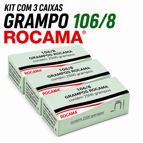 Kit 3 Caixas Grampos 106/8 Rocama 7.500 Grampos Galvanizado Para Estofaria Couro Madeira e Artesanato